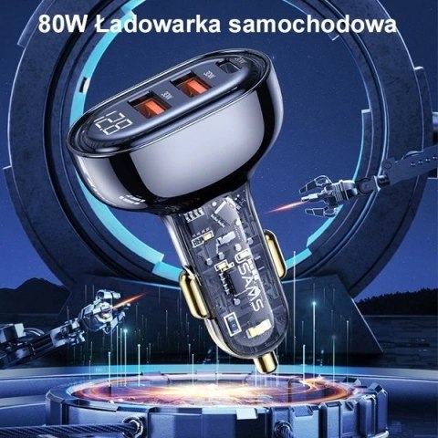 USAMS Ładowarka samochodowa 2xUSB+1xUSB-C 80W Fast Charge + kabel USB-C - USB-C BXLACCTC01