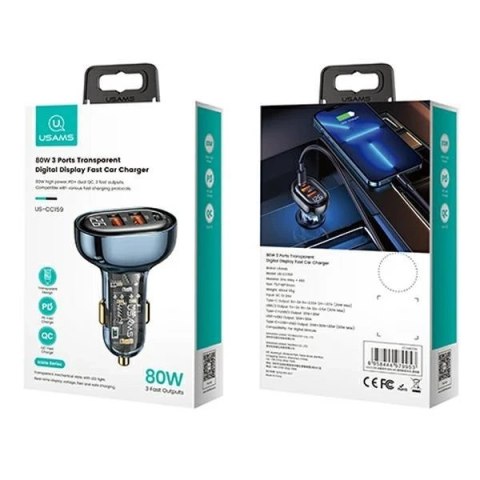 USAMS Ładowarka samochodowa 2xUSB+1xUSB-C 80W Fast Charge niebieski/blue CC159CC02 (US-CC159)