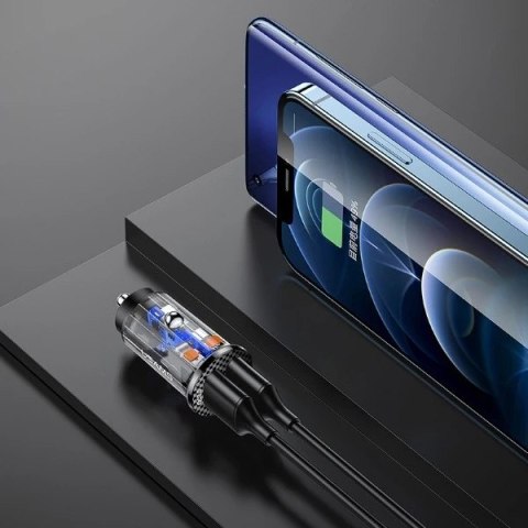 USAMS Ładowarka samochodowa 2xUSB C23 36W Fast Charge transparent blue CC122CC02 (US-CC122)