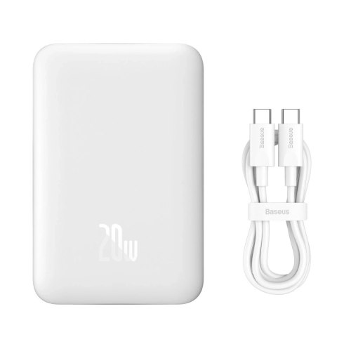 Powerbank z szybkim ładowaniem Baseus Magnetic Mini 10000mAh 20W biały + kabel Typ-C - Typ-C 60W(20V/3A) 0,5m biały (PPCX030002)