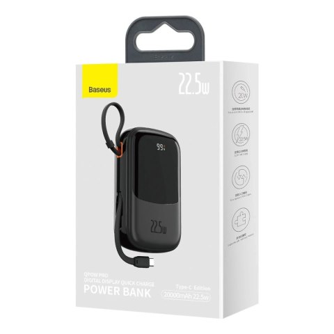 Powerbank z szybkim ładowaniem Baseus Qpow Digital Display 20000mAh 22,5W QC/PD/SCP/FCP z wbudowanym kablem USB-C czarny