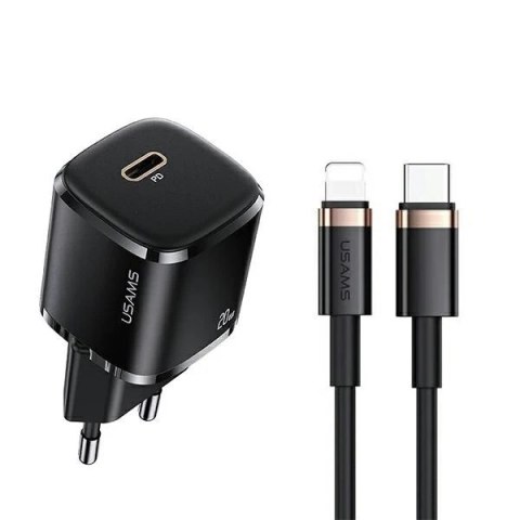 USAMS Ładowarka sieciowa 1x USB-C T36 mini 20W + kabel USB-C-Lightning czarny/black PD3.0 Fast Charging XFKXLOGTL01 (US-CC124+US