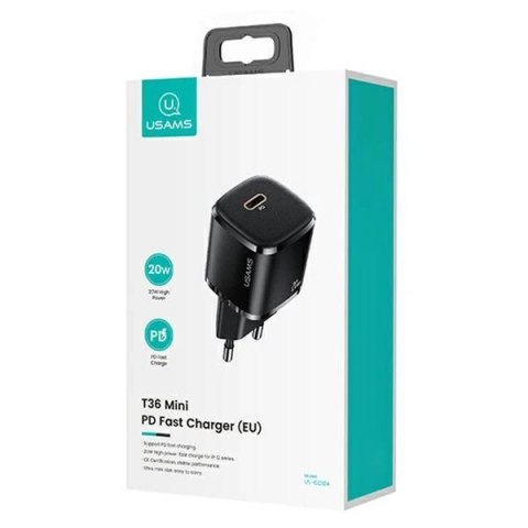 USAMS Ładowarka sieciowa 1x USB-C T36 mini 20W + kabel USB-C-Lightning czarny/black PD3.0 Fast Charging XFKXLOGTL01 (US-CC124+US