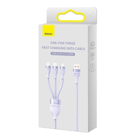 Kabel USB 3w1 Baseus Flash Series, USB-C + micro USB + Lightning, 100W, 1.2m (fioletowy)