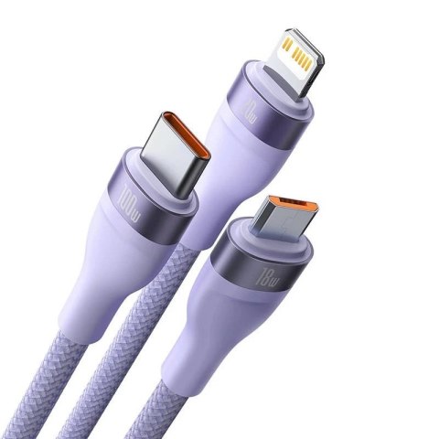 Kabel USB 3w1 Baseus Flash Series 2, USB-C + micro USB + Lightning, 100W, 1.2m (fioletowy)