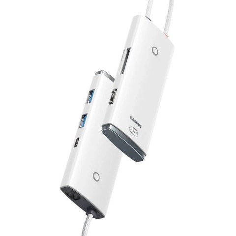 Hub 6w1 Baseus Lite Series, USB-C do 2x USB 3.0 + HDMI + USB-C + TF/SD (biały)