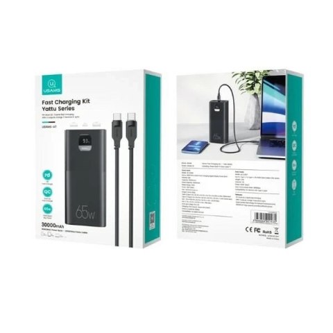 USAMS Powerbank PB68 30000mAh 65W QC3.0+PD Fast Charge + kabel USB-C/USB-C 100W czarny/black ATXLOGTC01 (US-CD185)