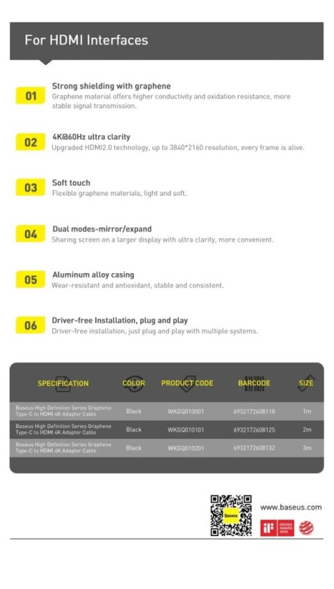 Baseus High Definition Series kabel adapter USB Typ C - HDMI 2.0 4K 60Hz 2m czarny (WKGQ010101)