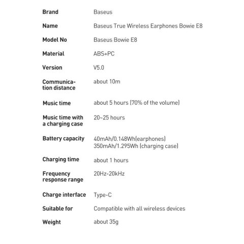 Słuchawki Baseus E8 bezprzewodowe Bluetooth 5.0 TWS douszne wodoodporne IPX5 czarny (NGE8-01)