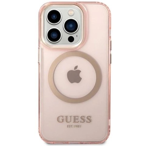 Etui na telefon Guess do iPhone 14 Pro Max 6,7" różowy/pink hard case Gold Outline Translucent MagSafe