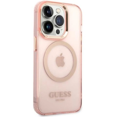 Etui na telefon Guess do iPhone 14 Pro Max 6,7" różowy/pink hard case Gold Outline Translucent MagSafe