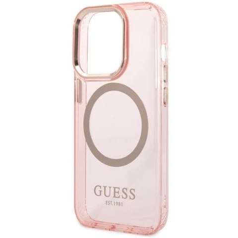 Etui na telefon Guess do iPhone 14 Pro Max 6,7" różowy/pink hard case Gold Outline Translucent MagSafe