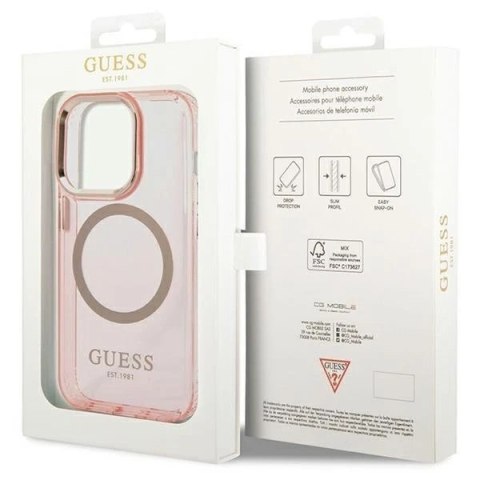 Etui na telefon Guess do iPhone 14 Pro Max 6,7" różowy/pink hard case Gold Outline Translucent MagSafe