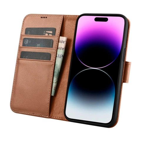 Etui na telefon iCarer Wallet Case 2in1 do iPhone 14 Pro Max skórzany pokrowiec z klapką Anti-RFID brązowy