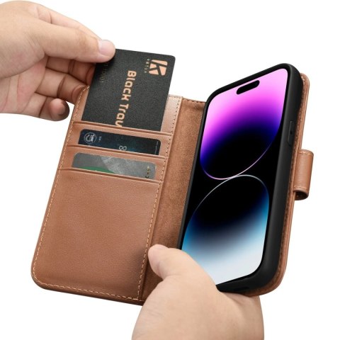 Etui na telefon iCarer Wallet Case 2in1 do iPhone 14 Pro Max skórzany pokrowiec z klapką Anti-RFID brązowy