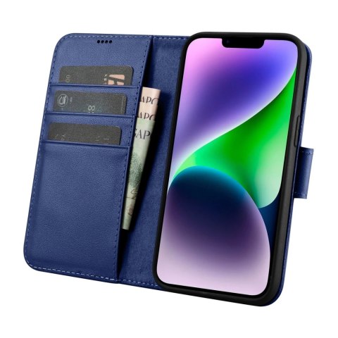 ICarer Wallet Case 2in1 etui iPhone 14 Plus skórzany pokrowiec z klapką Anti-RFID niebieski (WMI14220727-BU)
