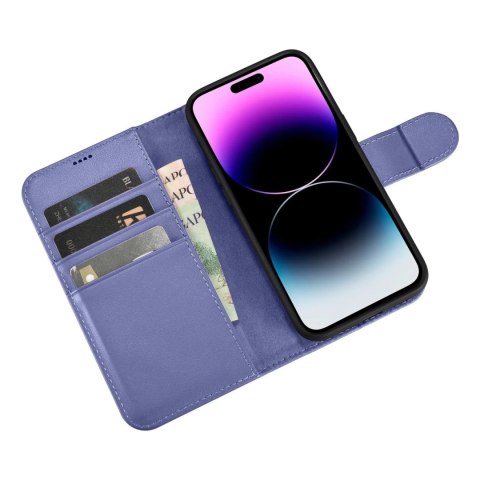 ICarer Wallet Case 2in1 etui iPhone 14 Pro Max skórzany pokrowiec z klapką Anti-RFID jasnofioletowy (WMI14220728-LP)