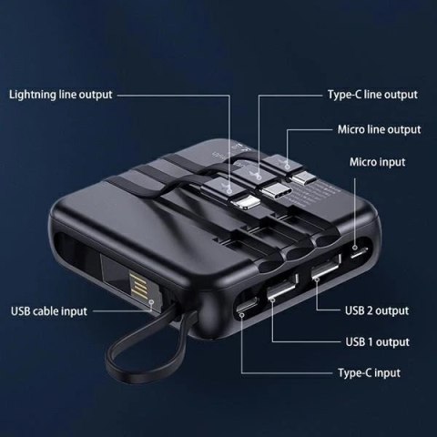 USAMS Mini Powerbank PB61 10000mAh LED + Cables USB-C/Lightning/MicroUSB czarny/black 10KCD16901 (US-CD169)