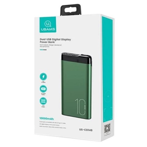 USAMS Powerbank PB55 10000mAh 2xUSB wyświetlacz LED zielony/green 10KCD14802 (US-CD148) aluminium