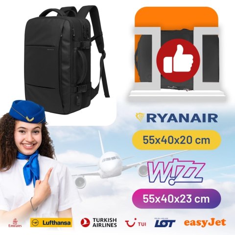 Plecak podróżny Bange BackPack biznesowy plecak rozszerzalny Torba pojemna do laptopa 17.3" z portem USB Czarny