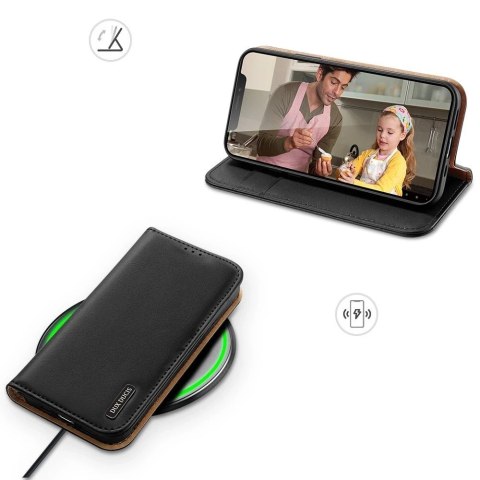 Dux Ducis Hivo skórzane etui z klapką pokrowiec ze skóry naturalnej portfel na karty i dokumenty iPhone 13 Pro Max czarny