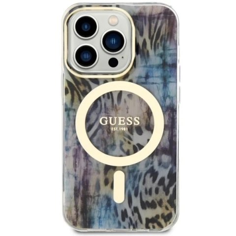 Etui na telefon Guess GUHMP14XHLEOPWB do Apple iPhone 14 Pro Max 6,7" niebieski/blue hardcase Leopard MagSafe