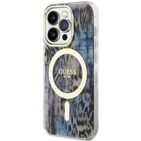 Etui na telefon Guess GUHMP14LHLEOPWB do Apple iPhone 14 Pro 6.1" niebieski/blue hardcase Leopard MagSafe