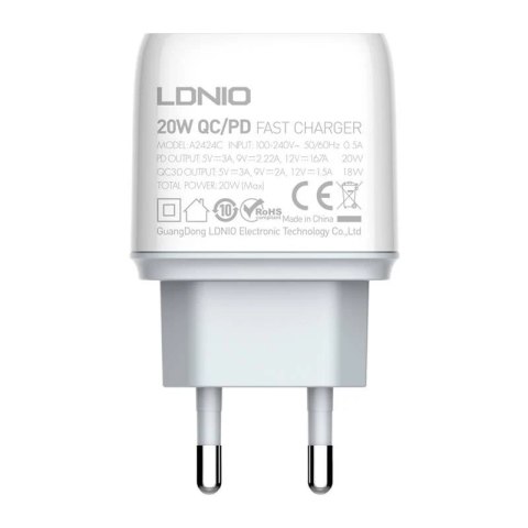Ładowarka sieciowa LDNIO A2424C USB, USB-C 20W + Kabel USB-C - Lightning