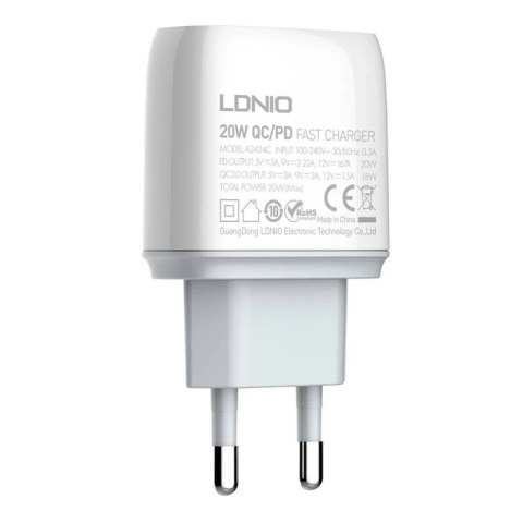 Ładowarka sieciowa LDNIO A2424C USB, USB-C 20W + Kabel USB-C - Lightning