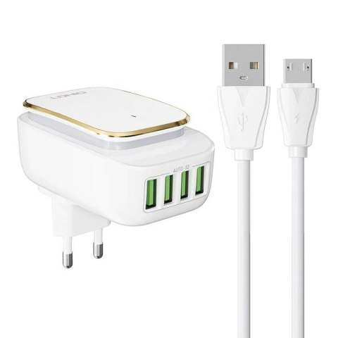 Ładowarka sieciowa LDNIO A4405 4USB, lampa LED + Kabel microUSB