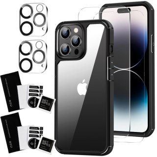 Etui Case do iPhone 14 Pro Max + zestaw 4 szkieł 5w1 pancerne 360 Alogy Hybrid 2x Szkło na ekran +2x obiektyw czarno-przezroczys