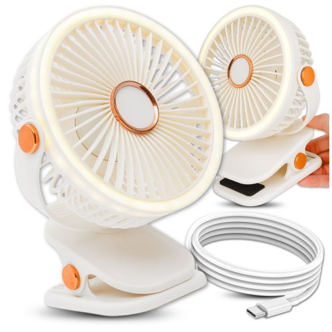 Wentylator wiatrak 2800 mAh wiatraczek LED przenośny klips Alogy biurkowy na biurko wózek dla dziecka bezprzewodowy beżowy