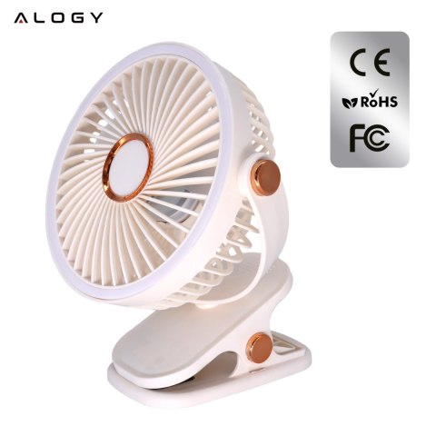 Wentylator wiatrak 2800 mAh wiatraczek LED przenośny klips Alogy biurkowy na biurko wózek dla dziecka bezprzewodowy beżowy