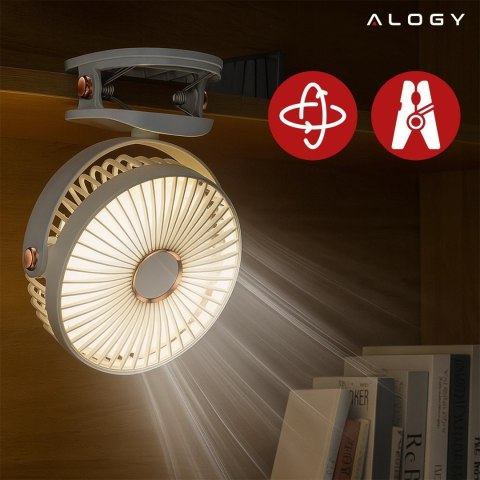 Wentylator wiatrak 2800 mAh wiatraczek LED przenośny klips Alogy biurkowy na biurko wózek dla dziecka bezprzewodowy beżowy