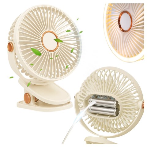 Wentylator wiatrak 2800 mAh wiatraczek LED przenośny klips Alogy biurkowy na biurko wózek dla dziecka bezprzewodowy beżowy