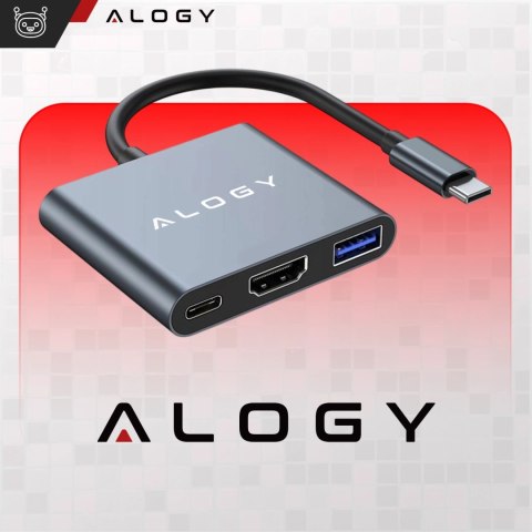 Adapter przejściówka HUB 3w1 USB-C na HDMI USB-A USB-C 4K 60Hz Alogy szary