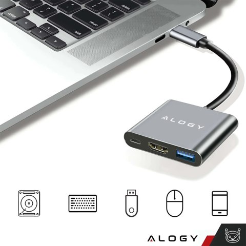 Adapter przejściówka HUB 3w1 USB-C na HDMI USB-A USB-C 4K 60Hz Alogy szary