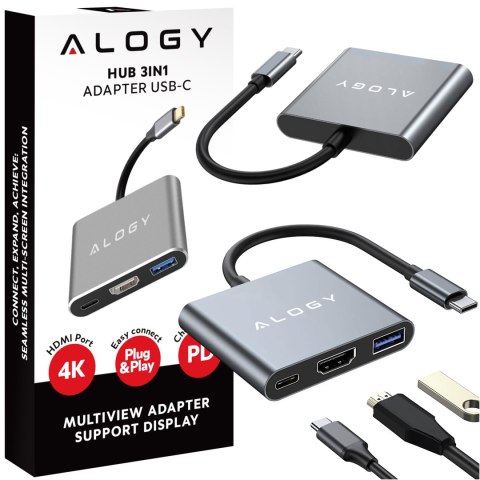 Adapter przejściówka HUB 3w1 USB-C na HDMI USB-A USB-C 4K 60Hz Alogy szary