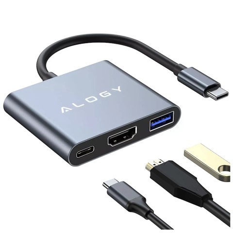 Adapter przejściówka HUB 3w1 USB-C na HDMI USB-A USB-C 4K 60Hz Alogy szary