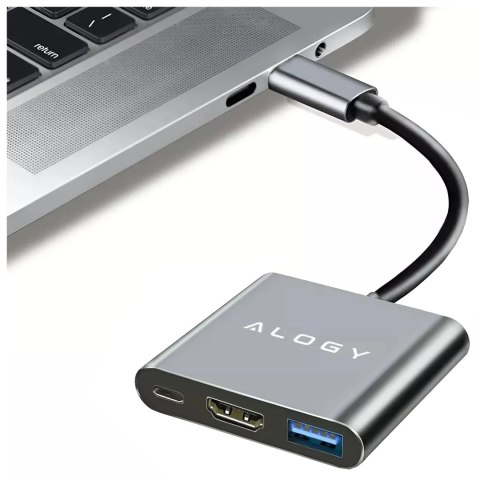 Adapter przejściówka HUB 3w1 USB-C na HDMI USB-A USB-C 4K 60Hz Alogy szary