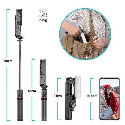 Kijek Selfie Stick uchwyt do telefonu zdjęć statyw Tripod L15 z Lampa LED + Pilot Bluetooth na telefon Czarny