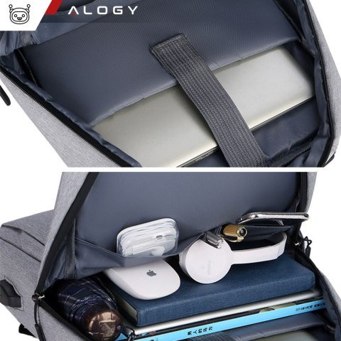 Plecak torba na laptopa 15,6" duży wodoodporny z portem USB Unisex 44x34x13cm do samolotu Alogy Backpack Szary