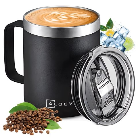 Kubek termiczny 420ml z uchwytem pokrywką na kawę herbatę stalowy zimne i ciepłe napoje Alogy Czarny