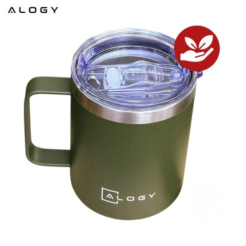 Kubek termiczny 420ml z uchwytem pokrywką na kawę herbatę stalowy zimne i ciepłe napoje Alogy Zielony