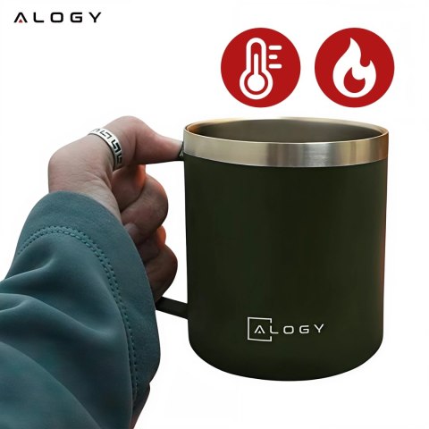 Kubek termiczny 420ml z uchwytem pokrywką na kawę herbatę stalowy zimne i ciepłe napoje Alogy Zielony