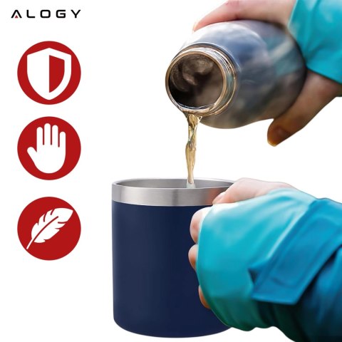 Kubek termiczny 420ml z uchwytem pokrywką na kawę herbatę stalowy zimne i ciepłe napoje Alogy granatowy