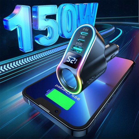 Ładowarka samochodowa USB QC 3.0 2x USB-C PD 150W rozdzielacz JoyRoom Car Charger 4w1 LED RGB czarna