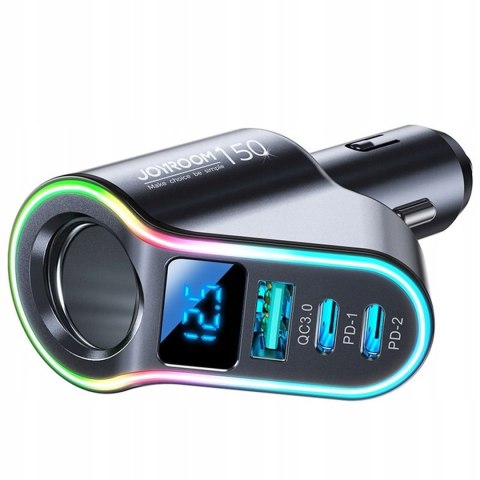 Ładowarka samochodowa USB QC 3.0 2x USB-C PD 150W rozdzielacz JoyRoom Car Charger 4w1 LED RGB czarna