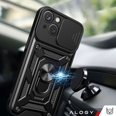 Etui pancerne do iPhone 15 Camshield Case Ring Alogy Stand z osłonką na aparat slide czarne