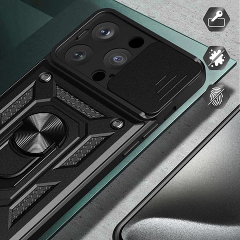 Etui pancerne do iPhone 15 Pro Camshield Case Ring Alogy Stand z osłonką na aparat slide czarne